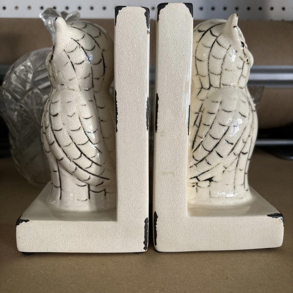 Ceramic Owl Bookends-Shabby Chic Off White Vintage Bookends Set Of 2 - Picture 4 of 5